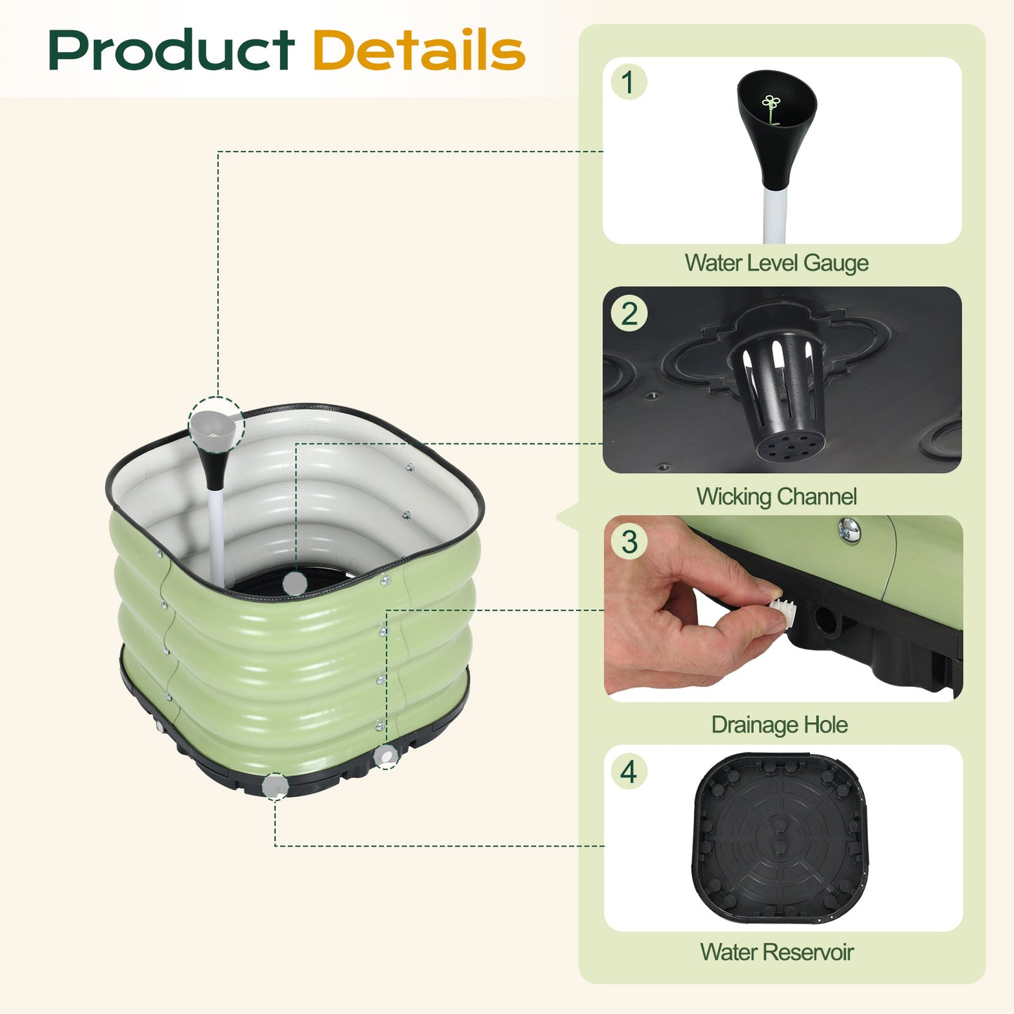 11" Tall Galvanized Raised Garden Bed, Self-Watering Planter Box - 16.5"x16.5"