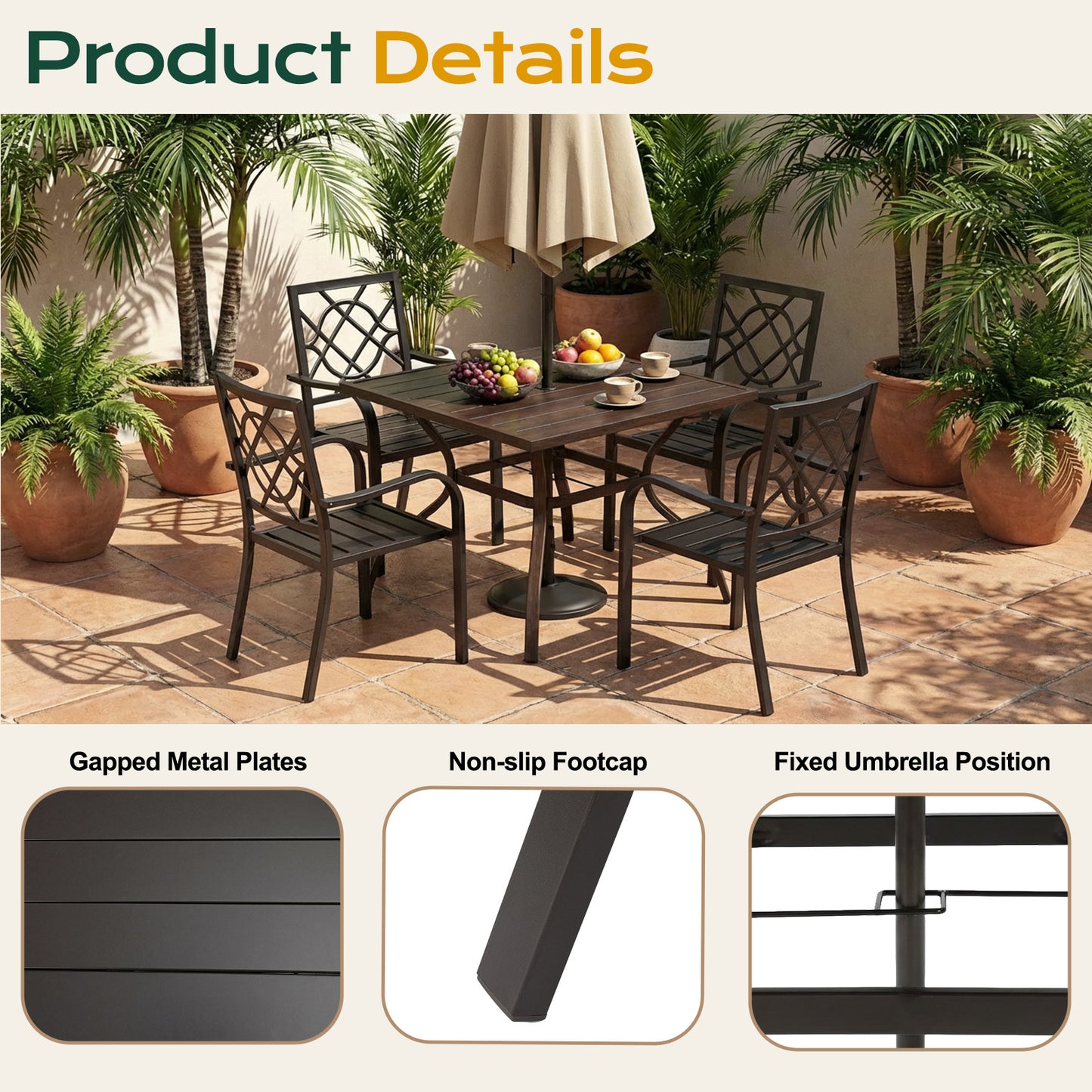 Patio Dining Table for 4, 38 inch Square Metal Outdoor Patio Table with Umbrella Hole