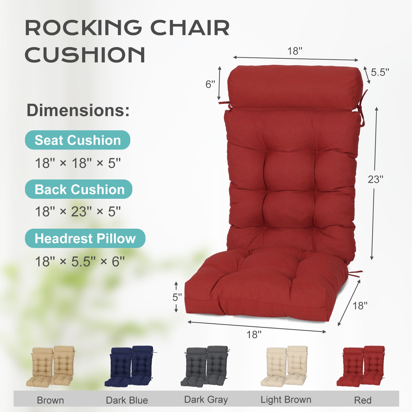 Tufted Outdoor High Back Rocking Chair Cushion Set of 2, Red