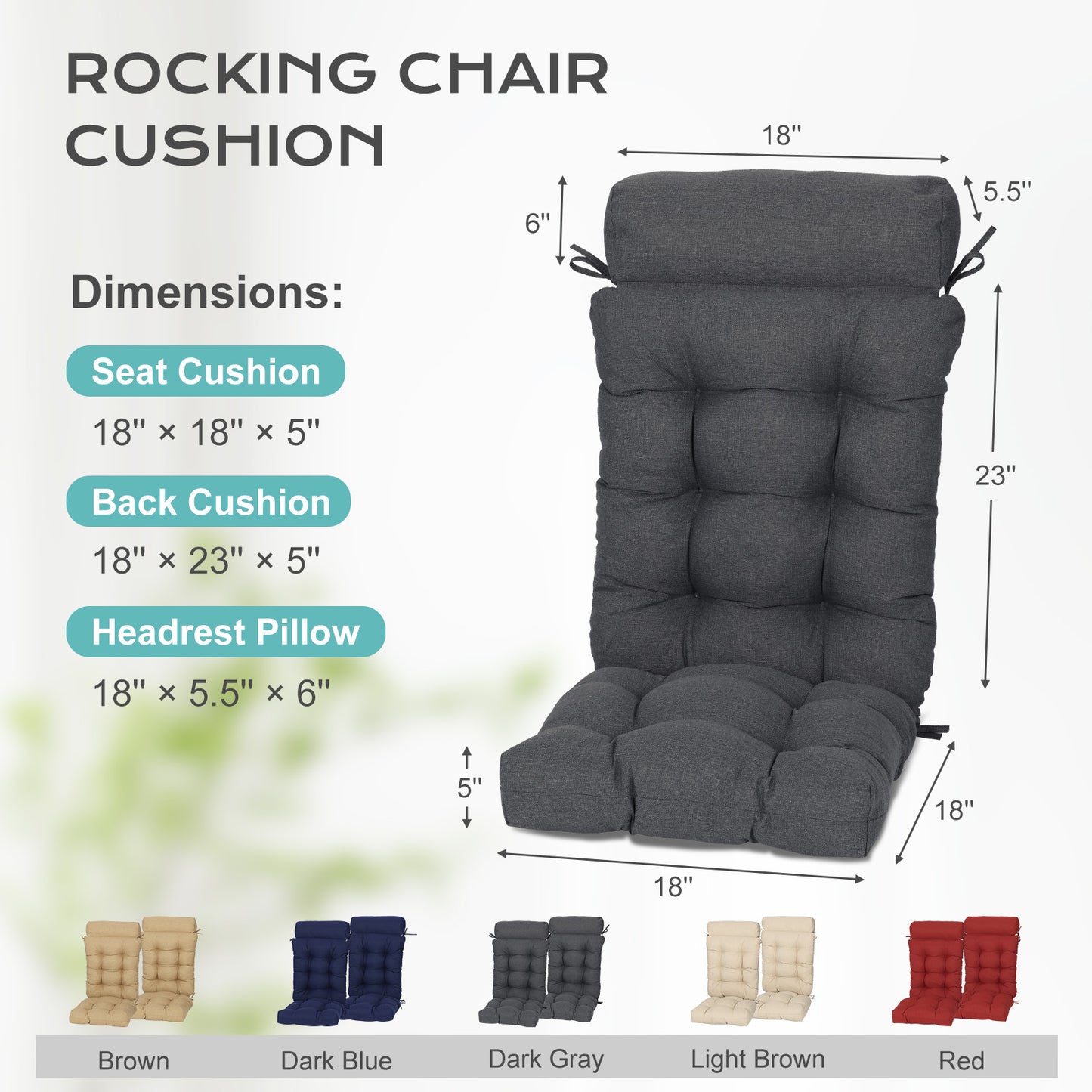 Tufted Outdoor High Back Rocking Chair Cushion Set of 2, Dark Grey