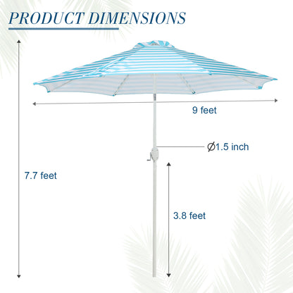 9 ft. Outdoor Patio Market Umbrella Aluminum Frame with Push Button Tilt Crank and 8 Steel Ribs-Light Blue and White