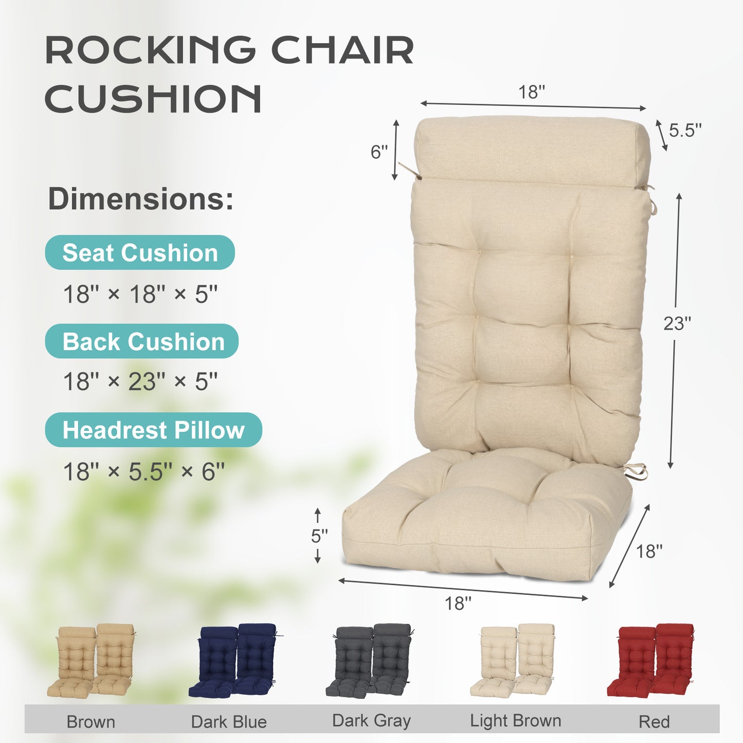 Tufted Outdoor High Back Rocking Chair Cushion Set of 2, Khaki