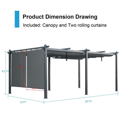 12 x 20 FT Outdoor Pergola with Retractable Shade Canopy, Aluminum Frame, Roller Shade Curtain- khaki/Charcoal Gray  Aoodor    