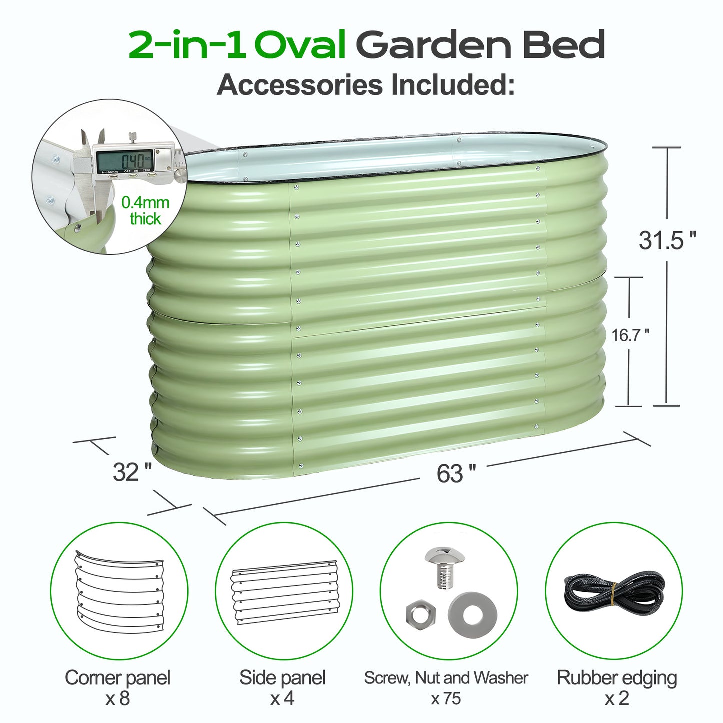 2-In-1 Oval Modular Metal Raised Garden Bed Kit, 63x32x31.5 inch