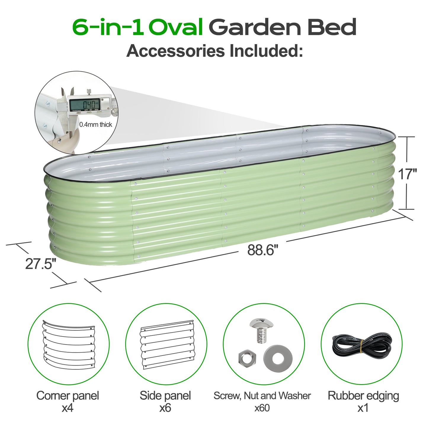 6-In-1 Oval Modular Metal Raised Garden Bed Kit, 88.6x27.5x17 inch