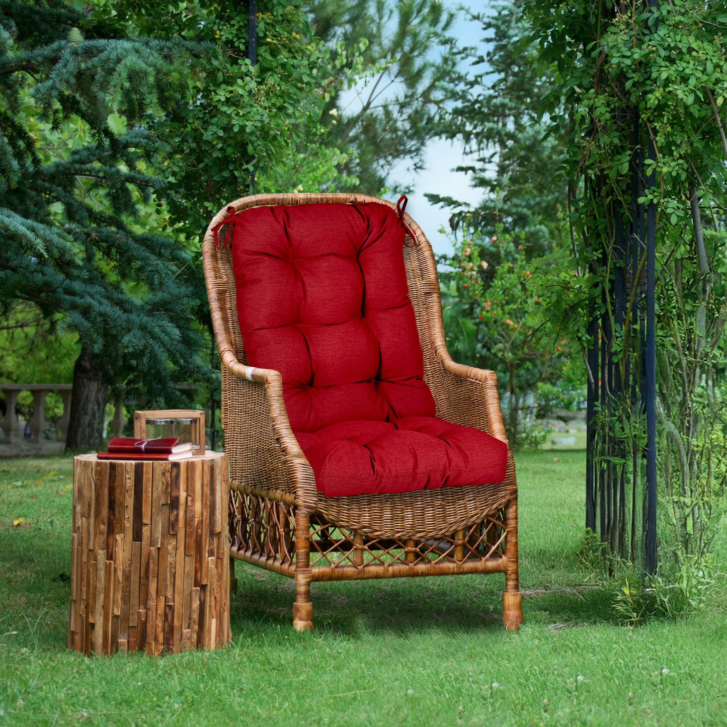 Tufted Outdoor High Back Chair Cushions Patio Replacement Cushion, Red