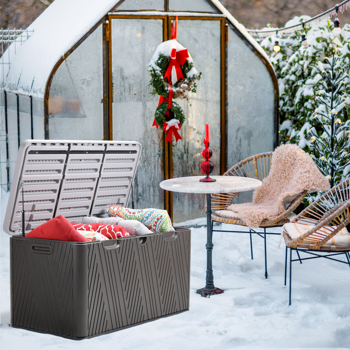 85 Gallon Deck Box, Outdoor Patio Bench Storage Box Weather-Resistant Lockable