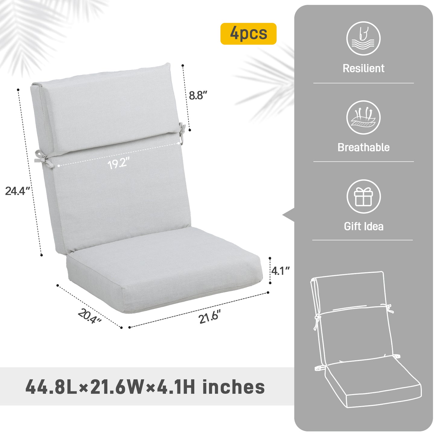 45x22x4 inch Outdoor High Back Patio Chair Cushions, Light Gray