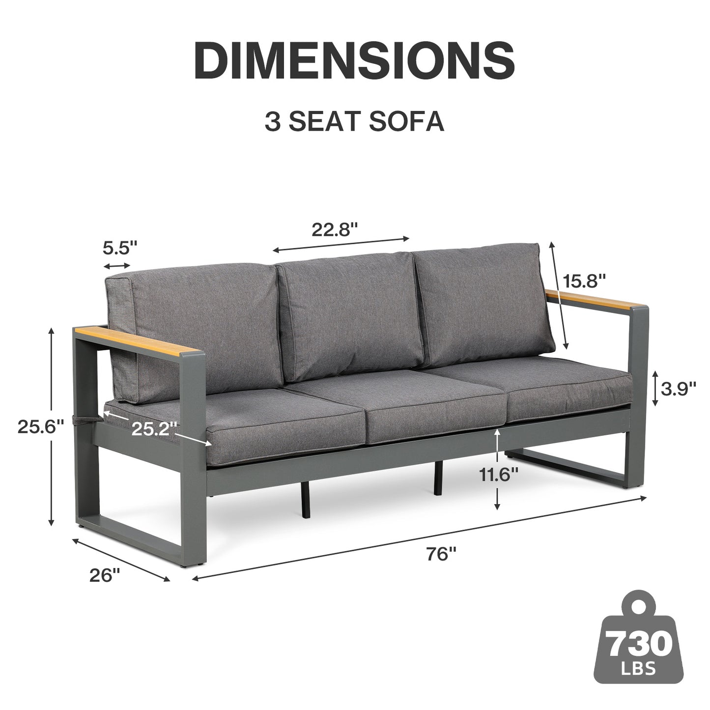 3 Seater Aluminum Sofa Couch Deep Seat - All-Weather Resistant Outdoor Conversation Set with Thick Cushions