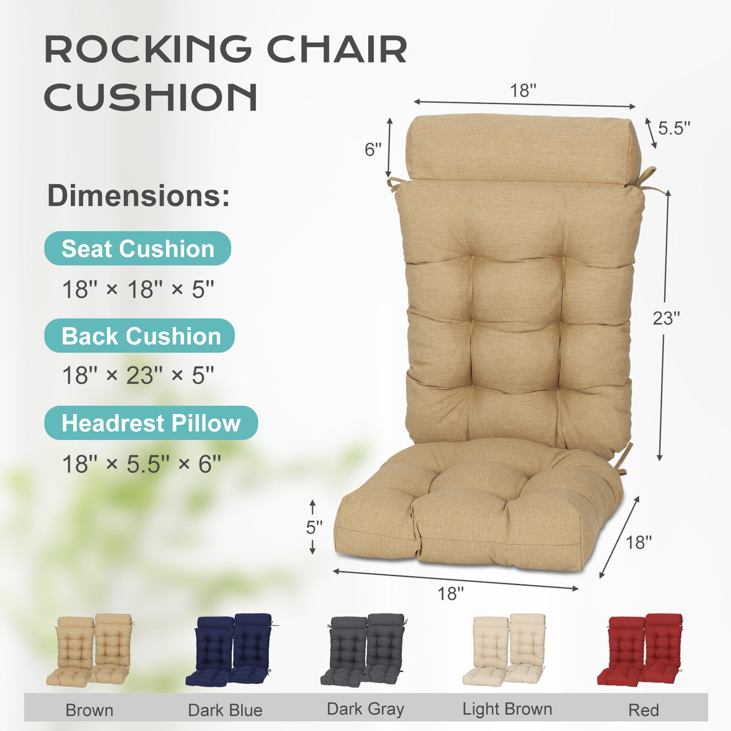 Tufted Outdoor High Back Rocking Chair Cushion Set of 2, Brown