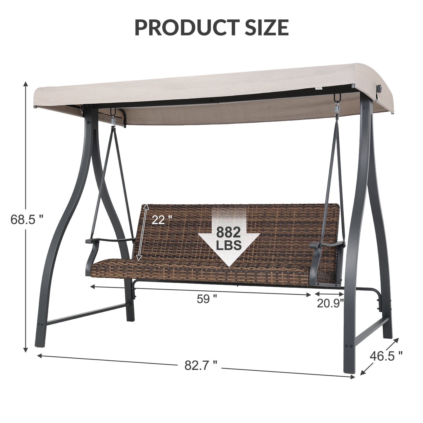 3-Seat Outdoor Rattan Patio Swing with Adjustable Canopy