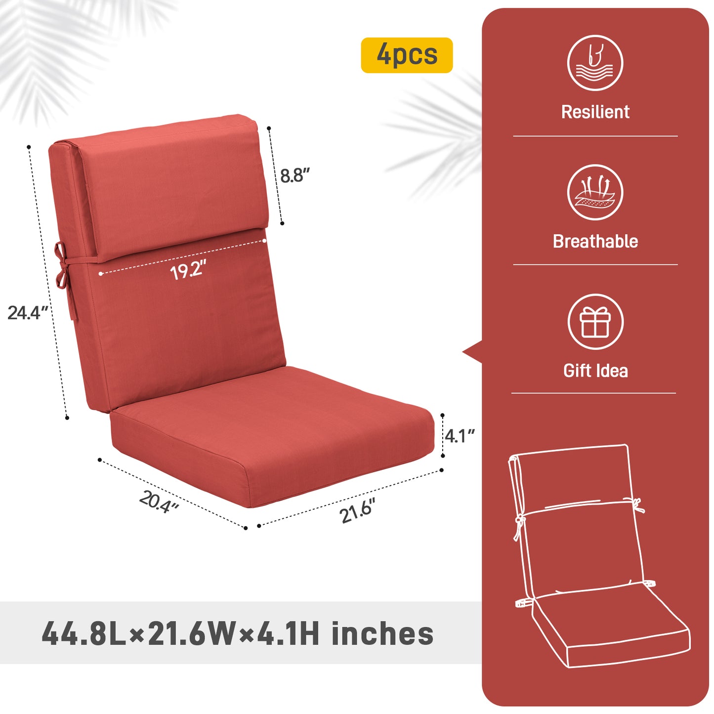 45x22x4 inch Outdoor High Back Patio Chair Cushions, Red