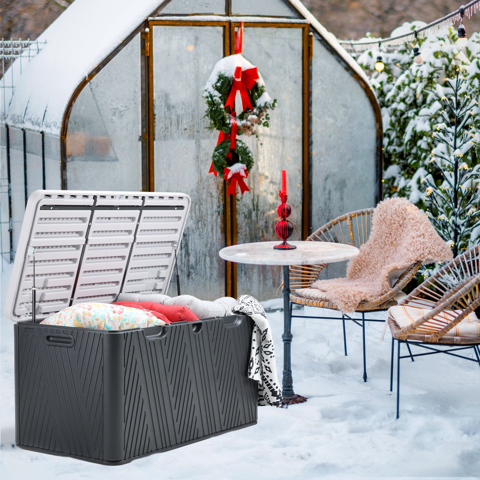 85 Gallon Deck Box, Outdoor Patio Bench Storage Box Weather-Resistant Lockable