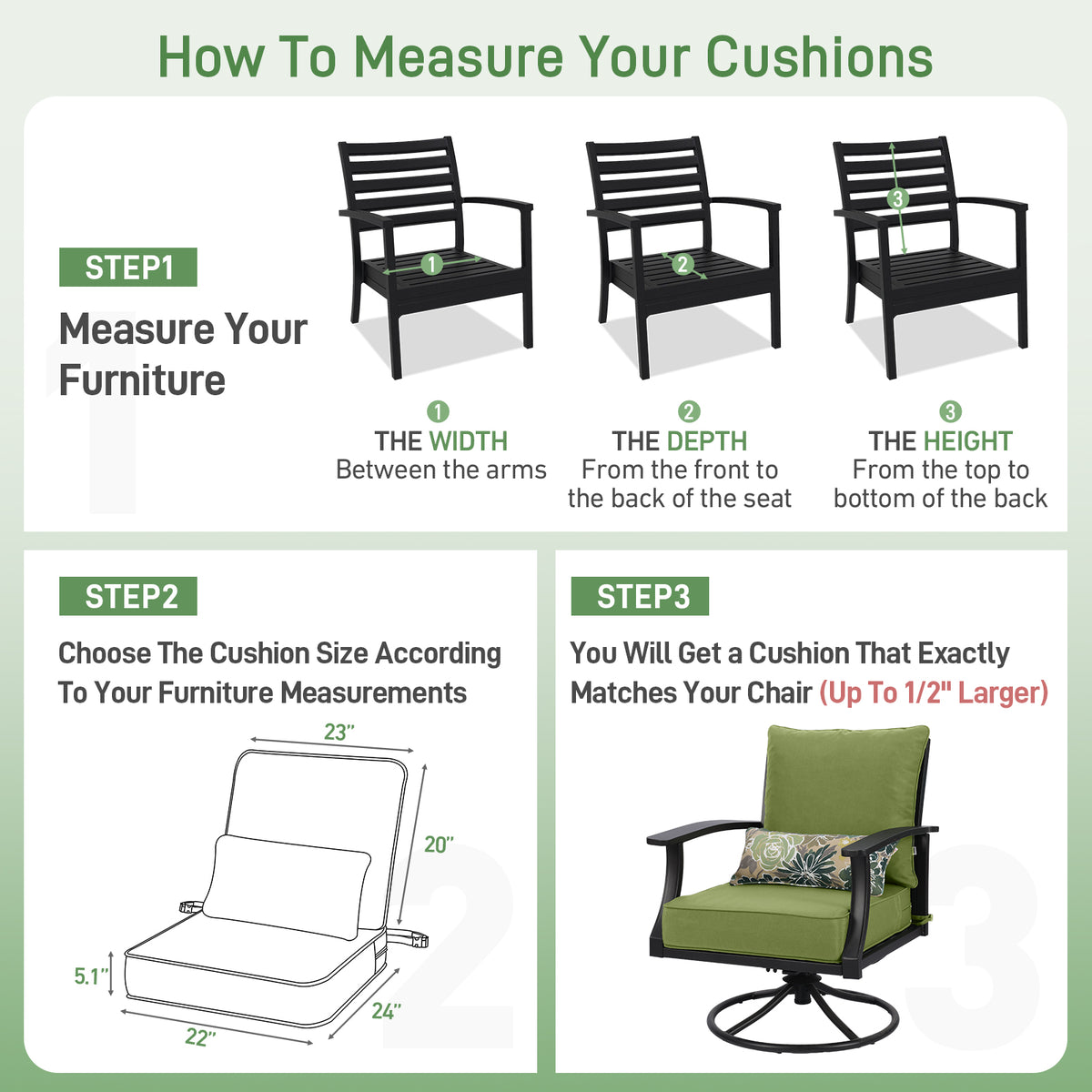Outdoor Deep Seat Cushion Set with Lumbar Pillow, Patio Chair Back & Seat Cushions, Green