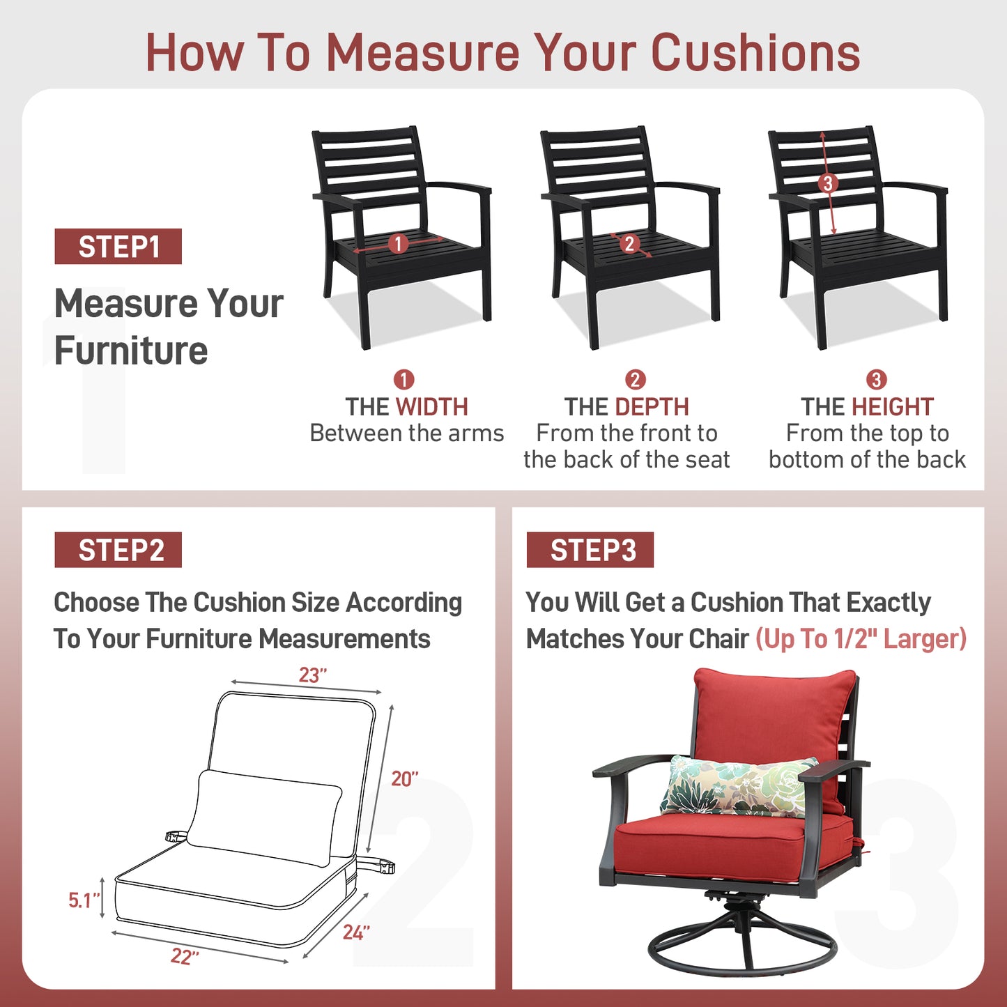 Patio Deep Chair Cushion, 2 Back 2 Seater 2 Pillow, Red