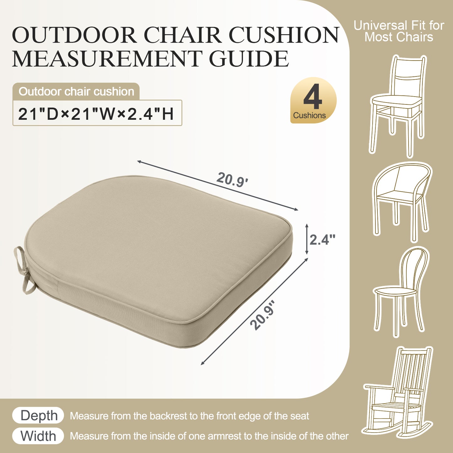 Outdoor Dining Chair Cushions Set, Patio Seat Pads, Khaki
