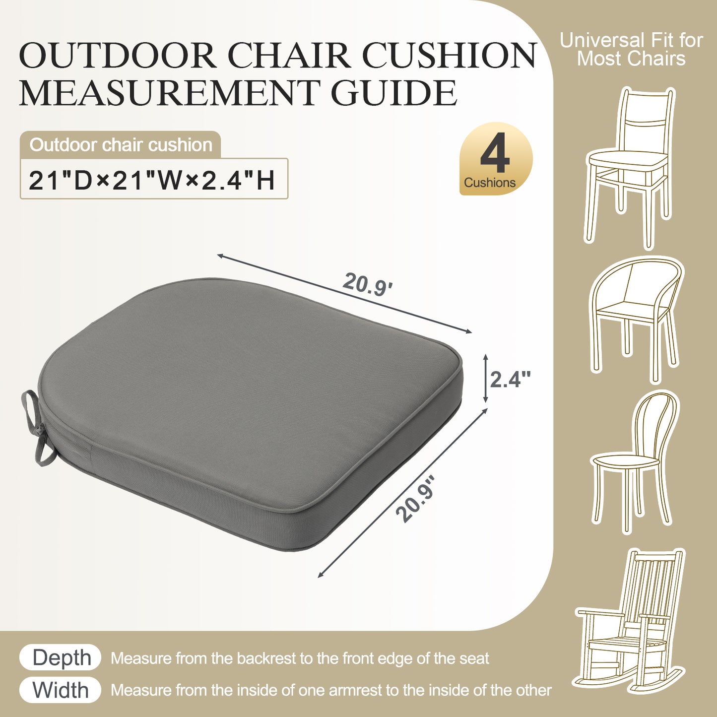 Outdoor Dining Chair Cushions Set, Patio Seat Pads, Gray