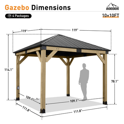 10'x10' Outdoor Patio Wooden Frame Gazebo with Galvanized Metal Hardtop Roof and Charging Socket