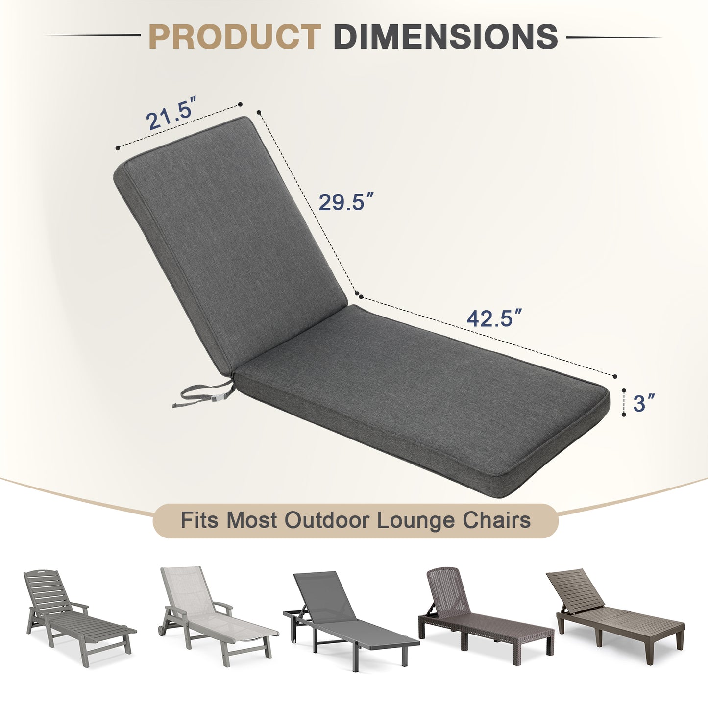 72x21x3 inch Patio Chaise Lounger Cushions - Charcoal