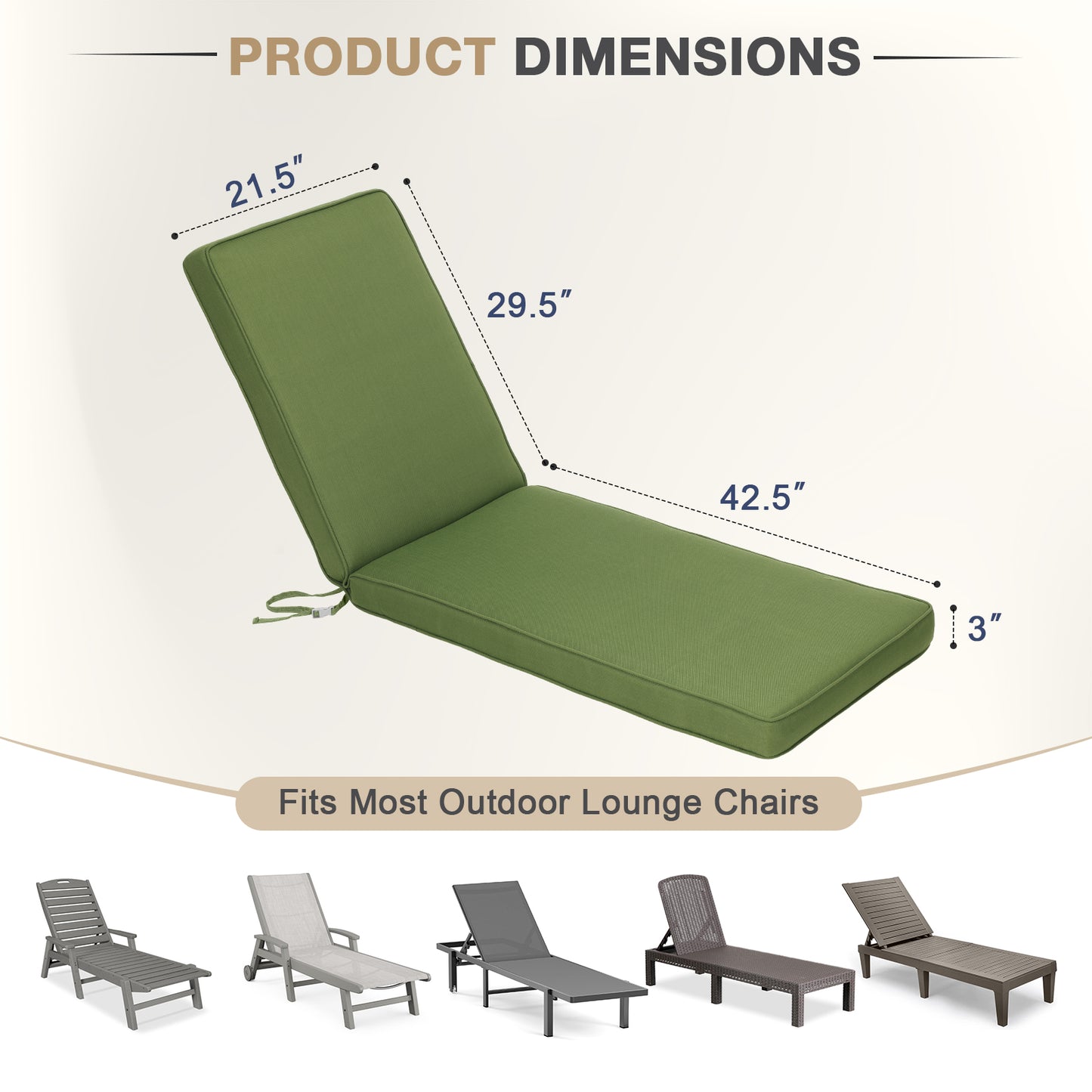 72x21x3 inch Patio Chaise Lounger Cushions - Green