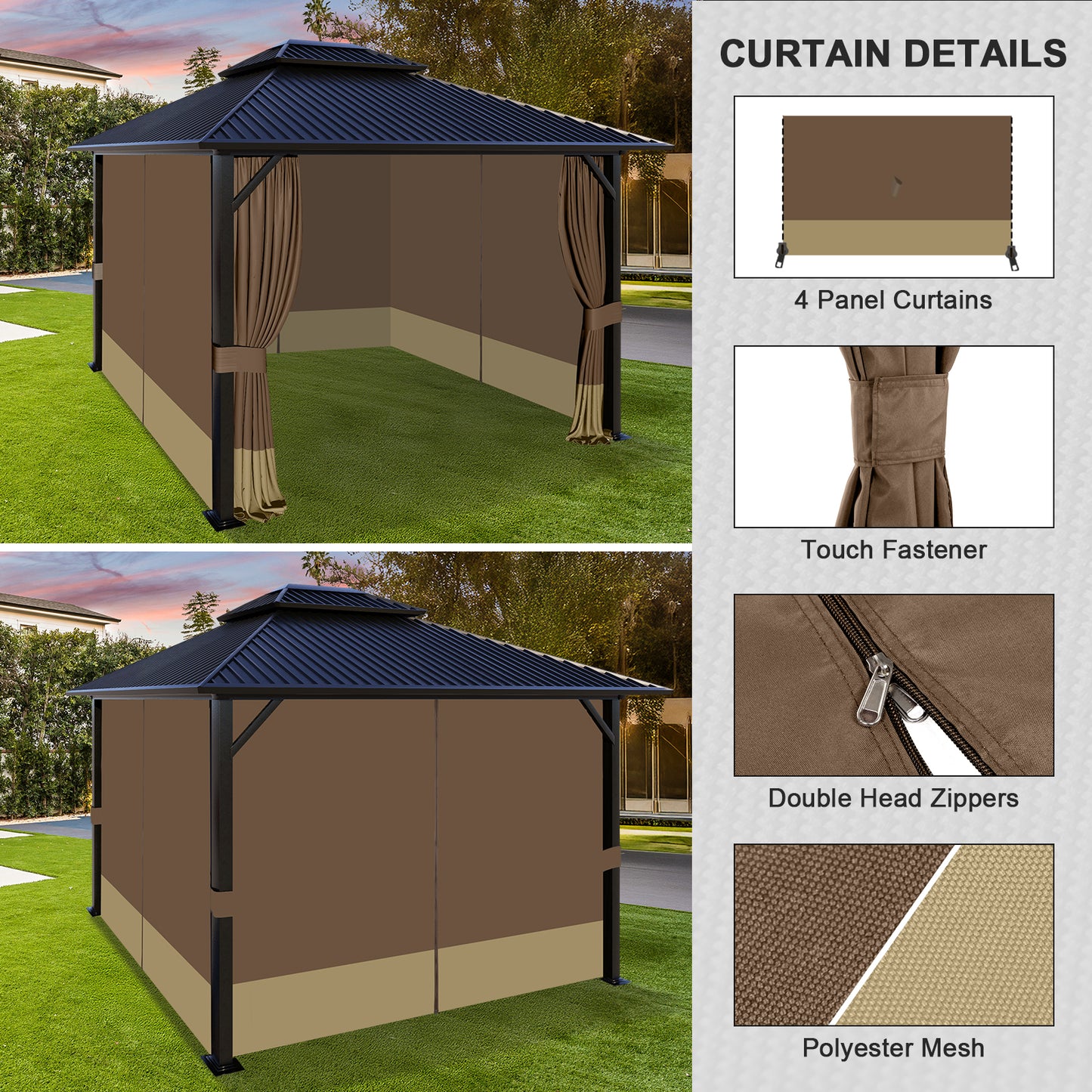 Outdoor Gazebo Curtains, 4 Panels Privacy Sidewall Replacement (Curtain Only) - Coffee and Khaki