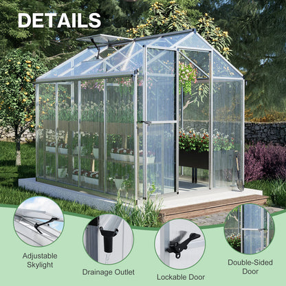 6x8/6x10 ft. Walk-in Polycarbonate Greenhouse with Roof Vent and Door lock