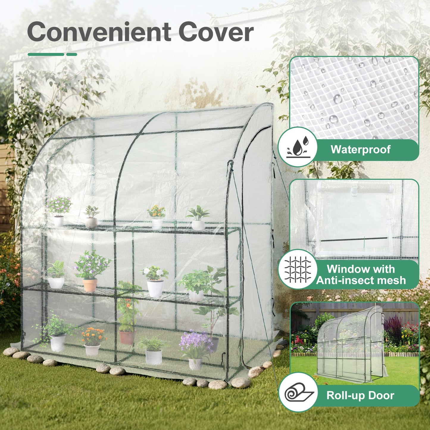 7x3x7 ft. Lean to Greenhouse for Outdoors, Portable Walk-in Greenhouse