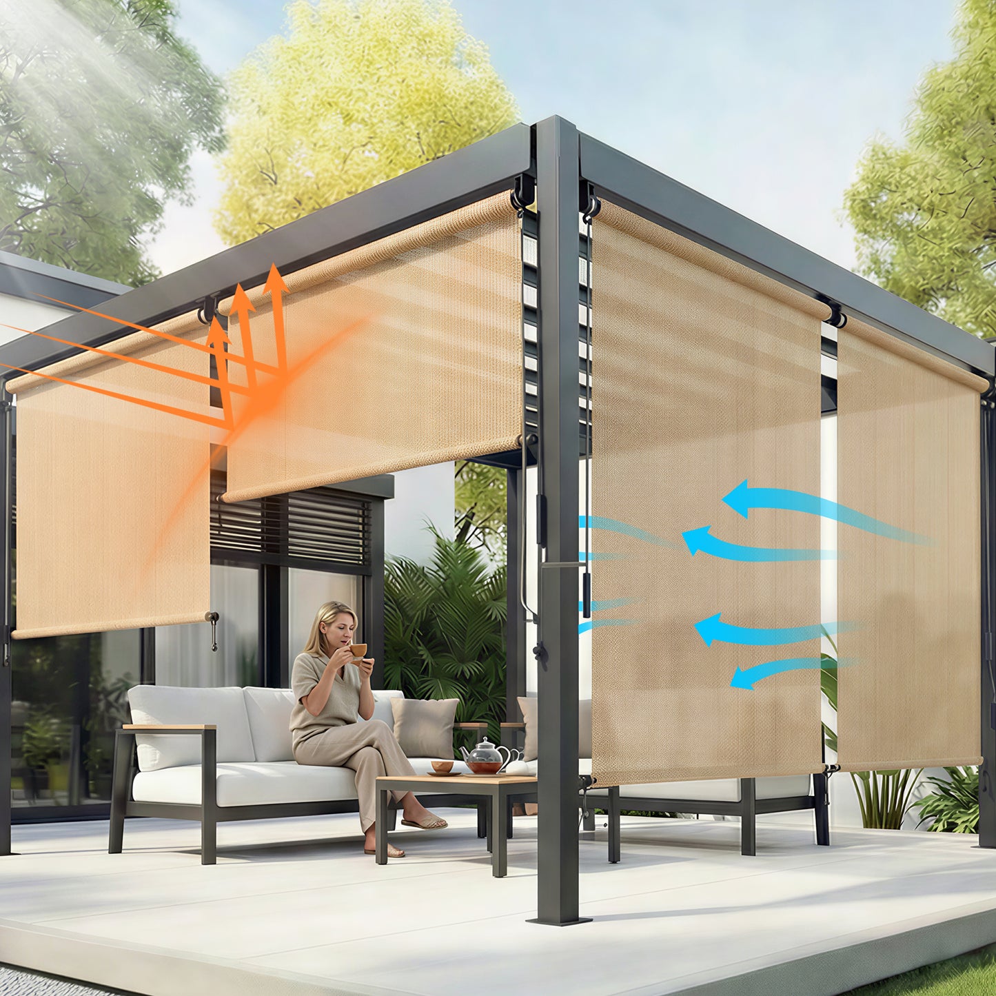 Patio Roller Shade, HDPE Fabric Outdoor Cordless Roll Up Blind with UV Protection