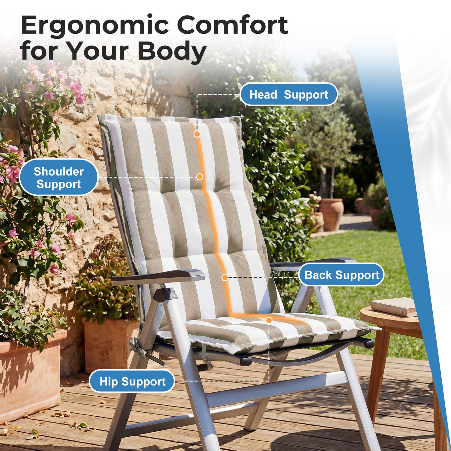 47x21x2.4 inch High Back Tufted Patio Chair Cushions, Beige Stripe