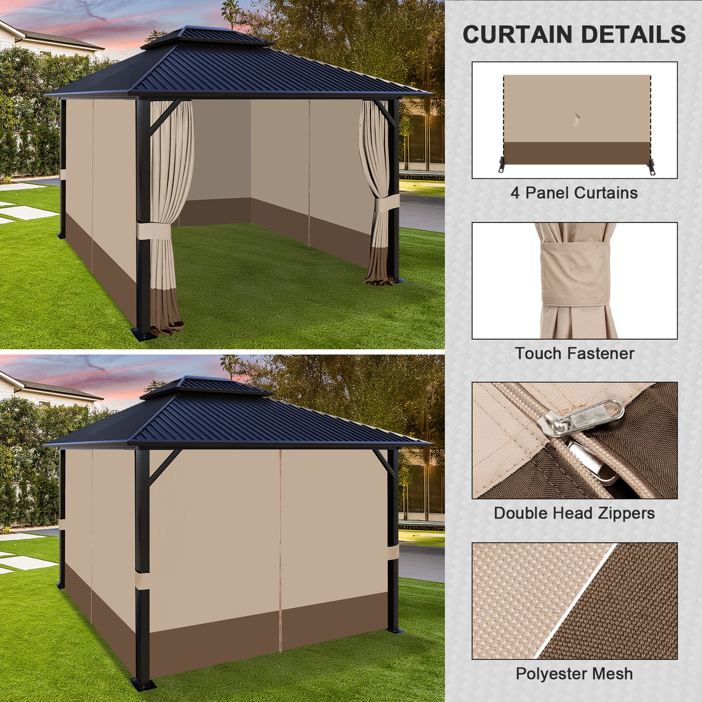 Outdoor Gazebo Curtains, 4 Panels Privacy Sidewall Replacement (Curtain Only) - Sand Yellow and Brown
