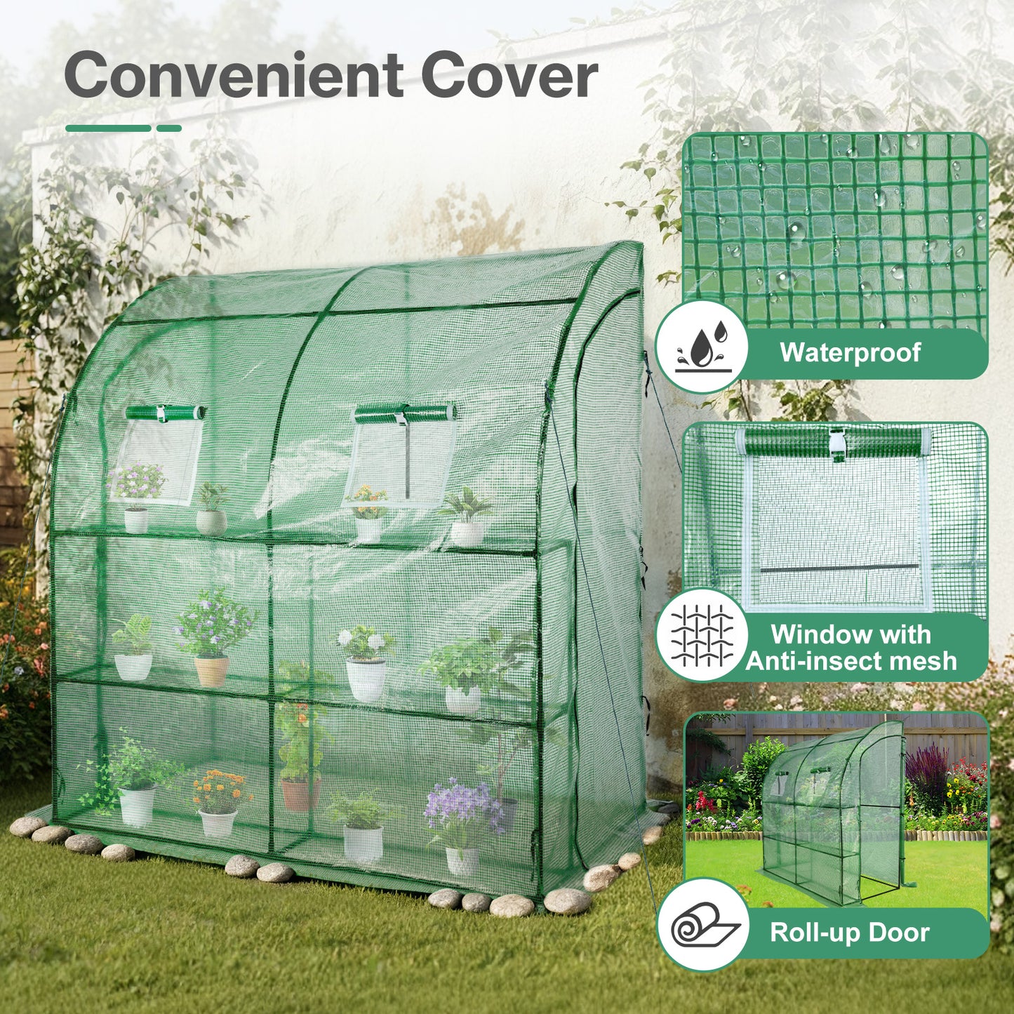 7x3x7 FT Lean to Greenhouse for Outdoors, Portable Walk-in Greenhouse - Aoodor 