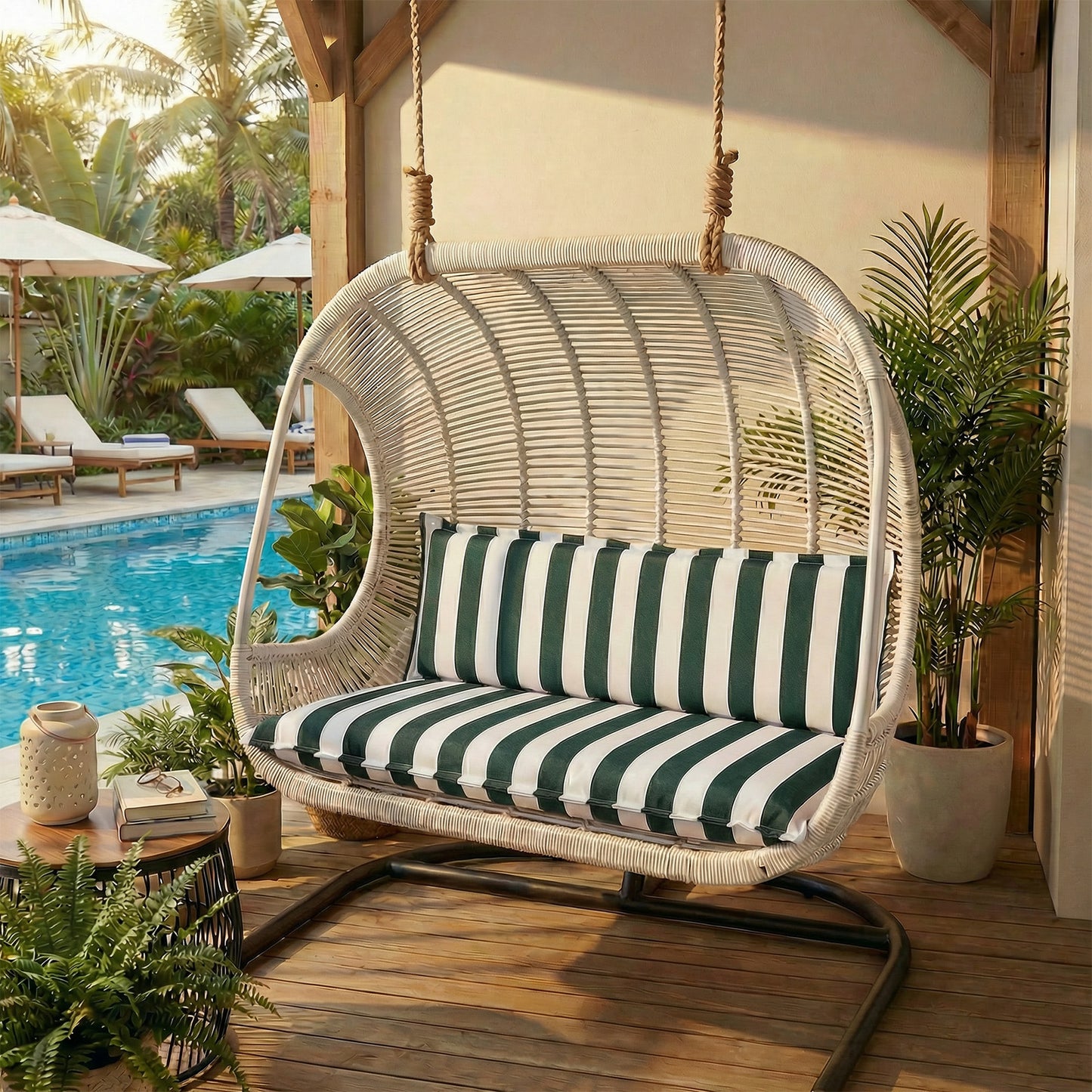 Outdoor 2-3 Seater Bench Cushion Set for Patio Swing and Bench, Green Stripe