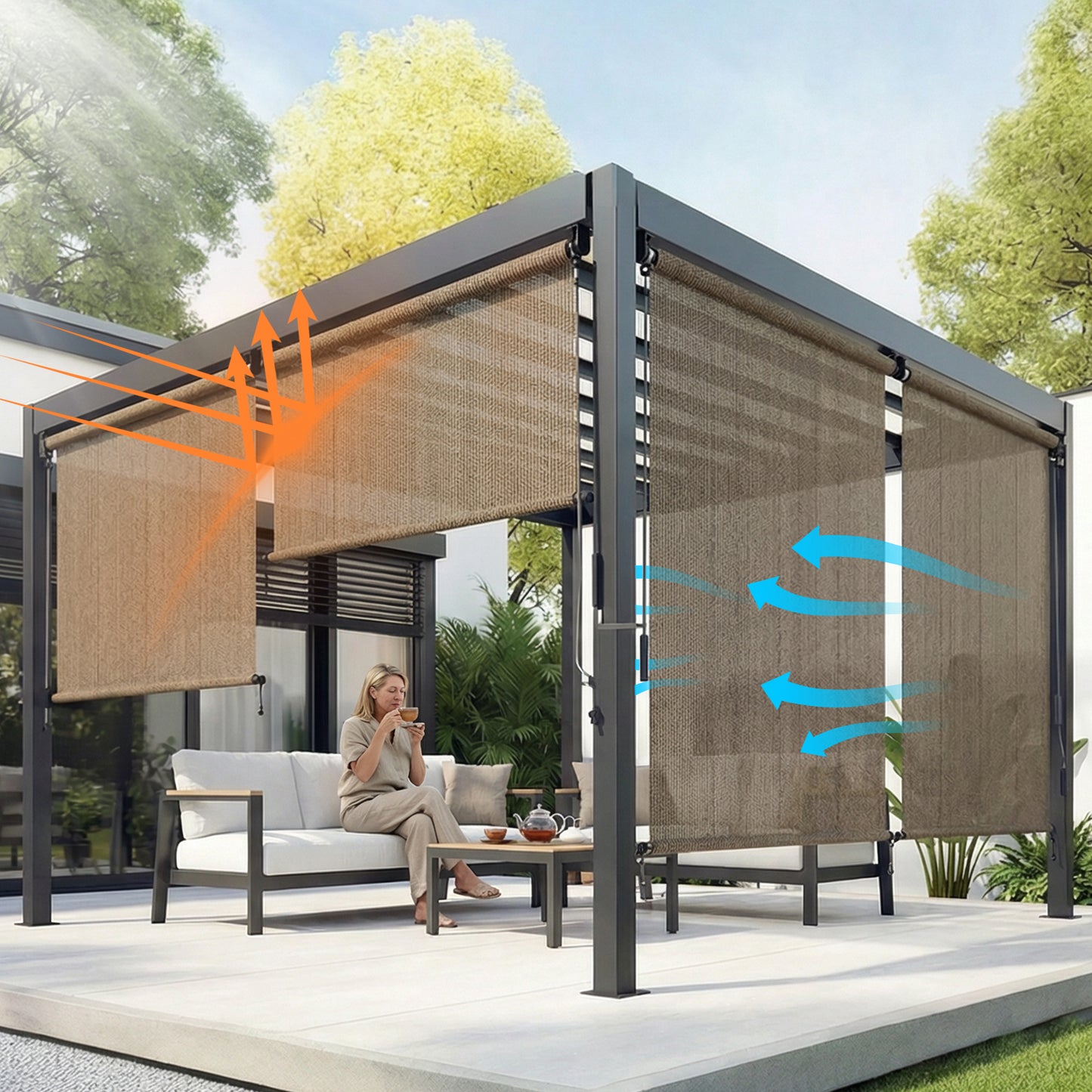 Patio Roller Shade, HDPE Fabric Outdoor Cordless Roll Up Blind with UV Protection