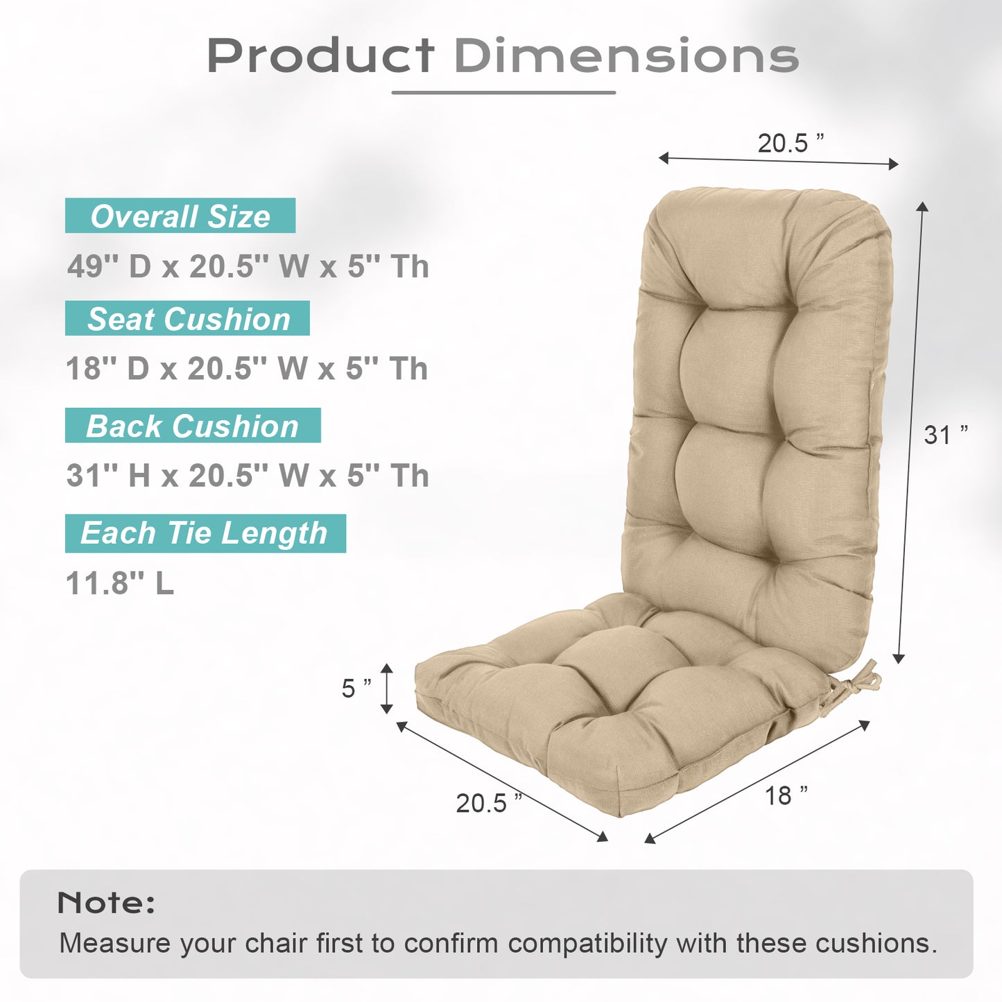 Outdoor High Back Tufted Adirondack Chair Cushion, Patio Rocking Chair Cushions with Ties, Set of 2, Khaki Aoodor 