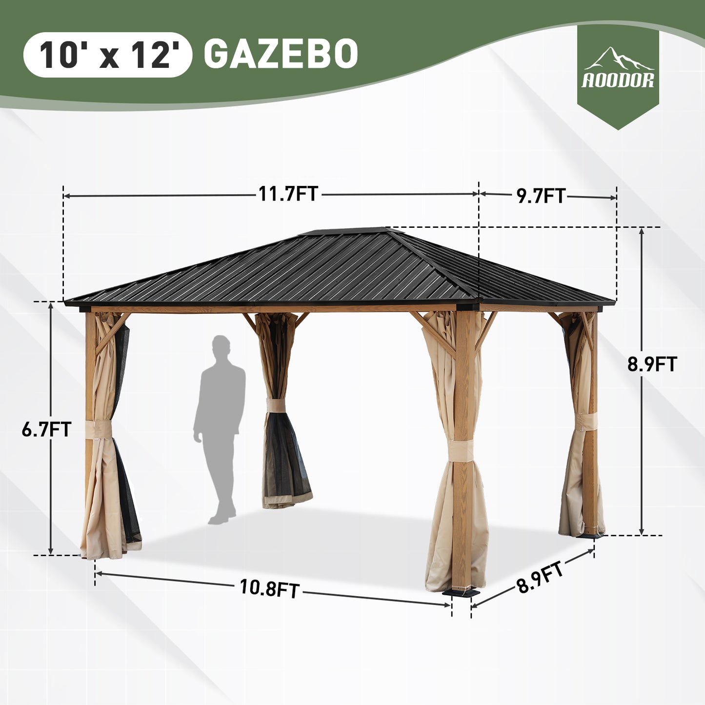 10'x12' Outdoor Hardtop Gazebo with Curtains and Mosquito Nettings, Wooden Finish Coated Aluminum Frame Aoodor 