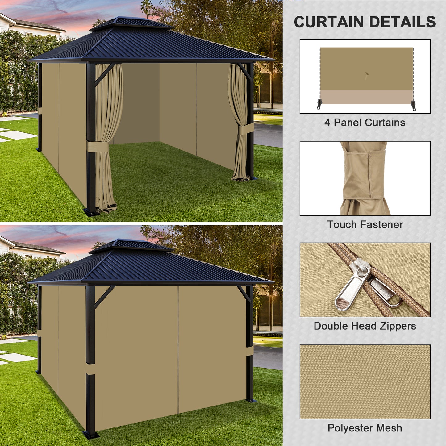Outdoor Gazebo Curtains, 4 Panels Privacy Sidewall Replacement (Curtain Only) - Khaki