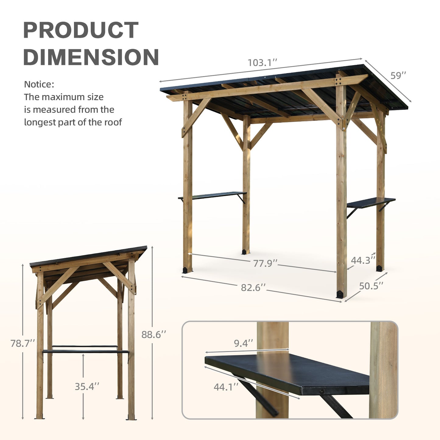 8'x5' Wooden Grill Gazebo, Outdoor Hardtop Gazebo with Sloping Metal Roof and 2 Side Shelves, Fits Most Grills, BBQ Canopy Aoodor 