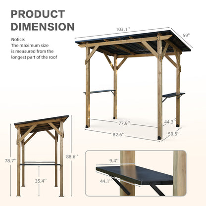 8'x5' Wooden Grill Gazebo, Outdoor Hardtop Gazebo with Sloping Metal Roof and 2 Side Shelves, Fits Most Grills, BBQ Canopy