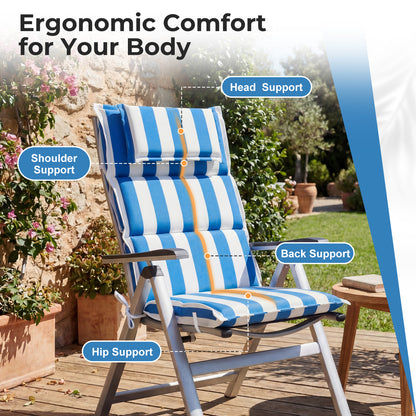 47x21x2.4 inch High Back Patio Chair Cushions with Headrest, Blue Stripe