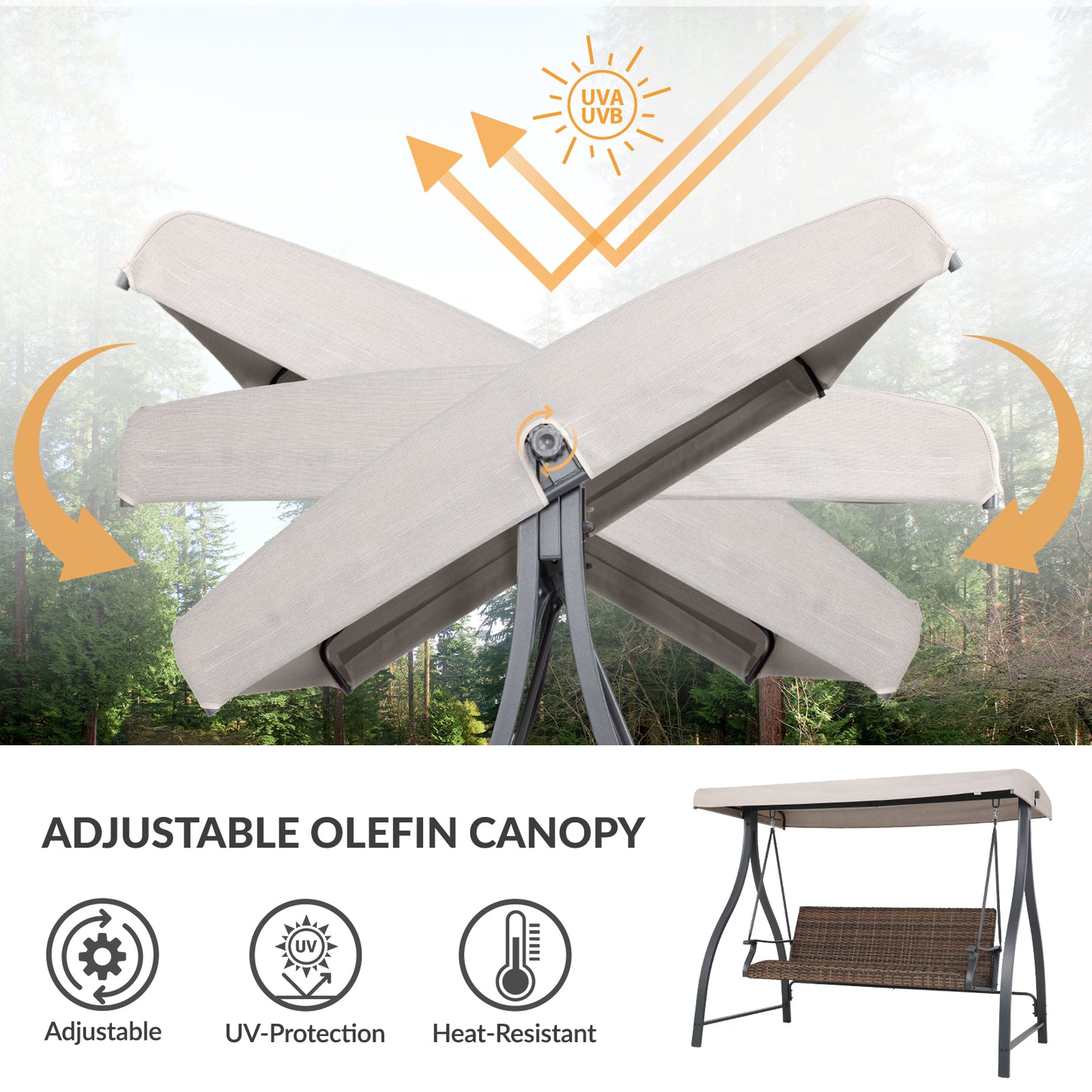 3-Seat Outdoor Rattan Patio Swing with Adjustable Canopy