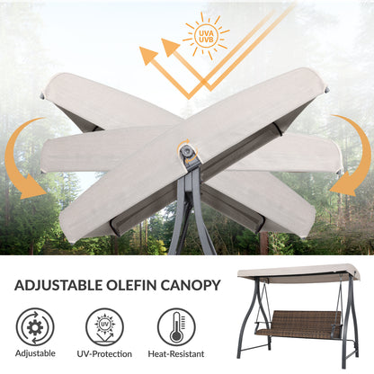 3-Seat Outdoor Rattan Patio Swing with Adjustable Canopy
