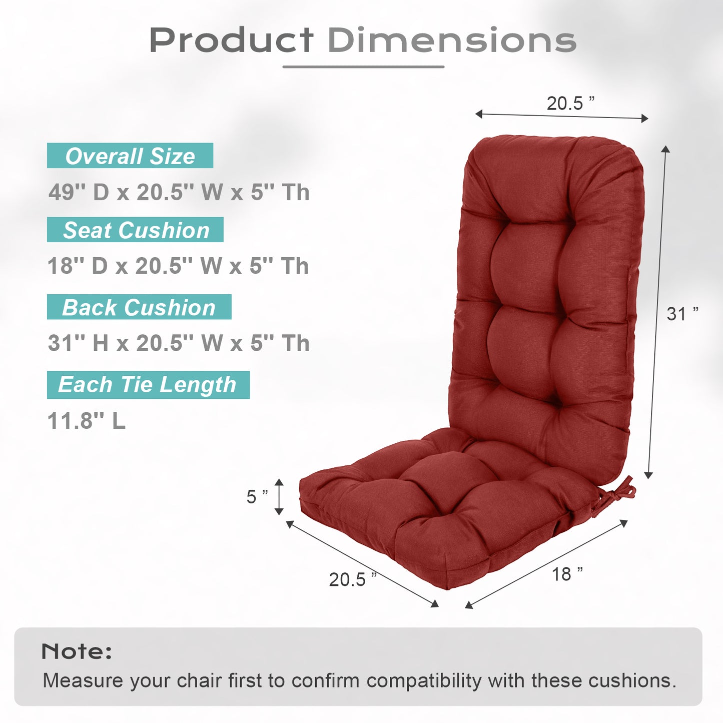 Outdoor High Back Tufted Adirondack Chair Cushion, Patio Rocking Chair Cushions with Ties, Set of 2, Red Aoodor 
