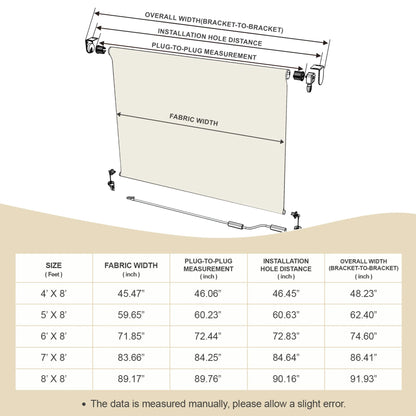 Aoodor 5% Openness Cordless Solar Fabric Roller Sun Shade for Outdoor Gazebo Pergola Porch, 95% UV Protection Beige Size Guide