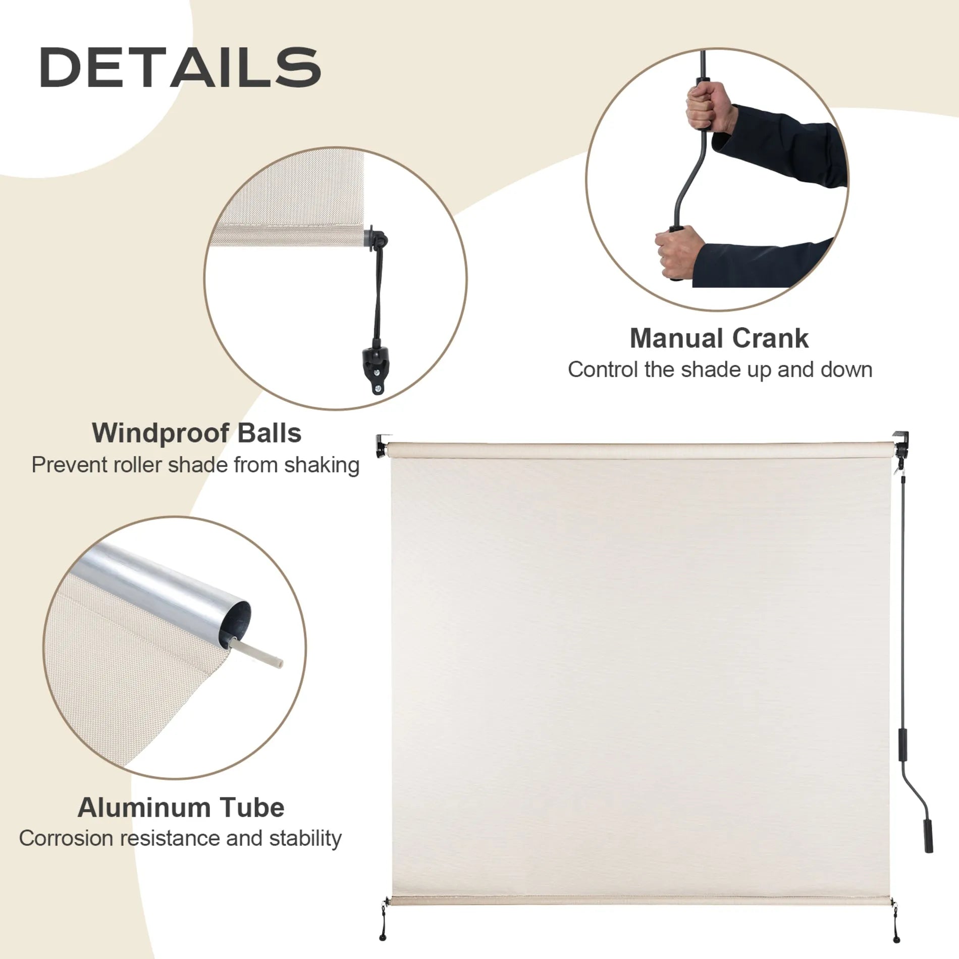 Aoodor 5% Openness Cordless Solar Fabric Roller Sun Shade for Outdoor Gazebo Pergola Porch, 95% UV Protection Beige more details