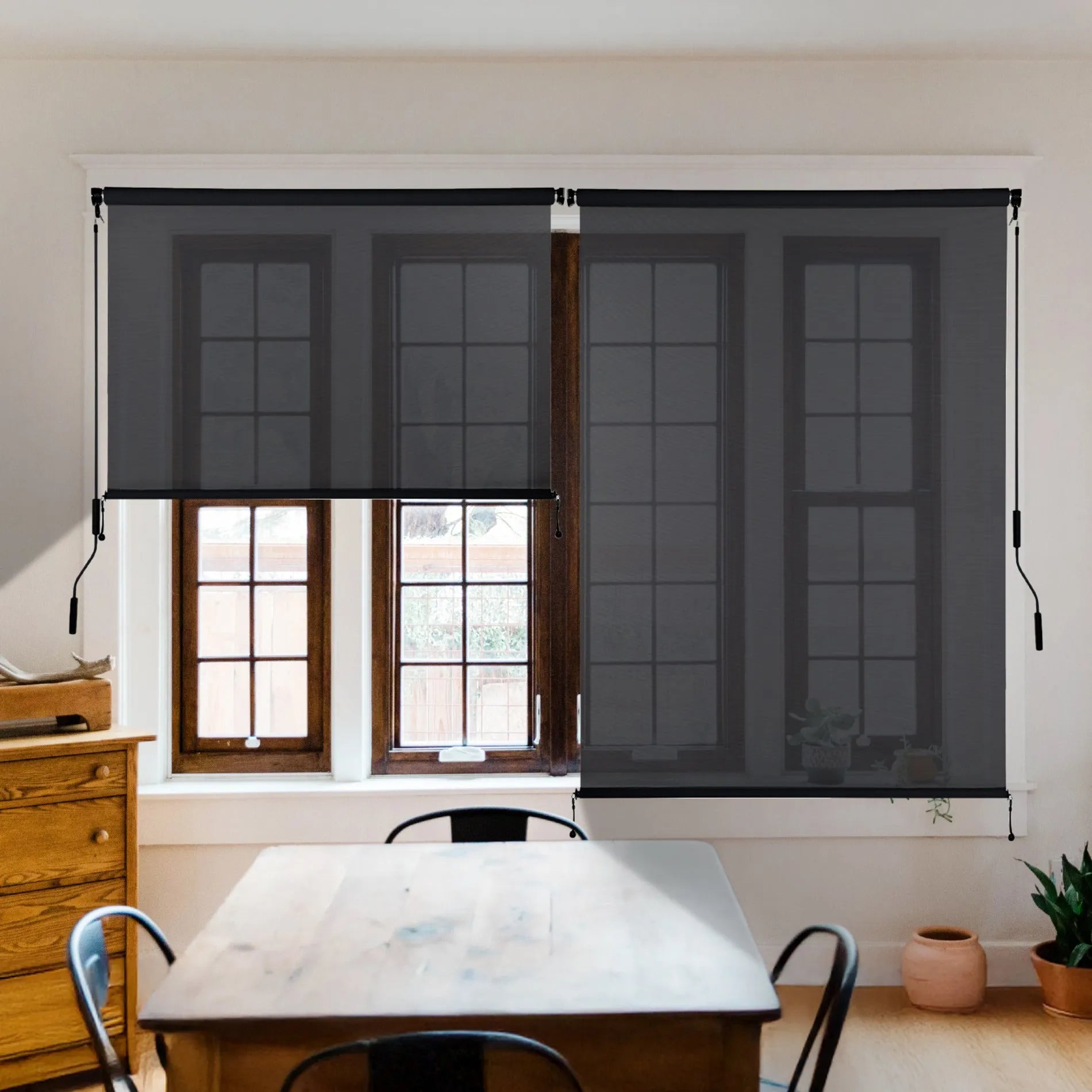Aoodor 5% Openness Cordless Solar Fabric Roller Sun Shade for Outdoor Gazebo Pergola Porch, 95% UV Protection Gray Indoor Use