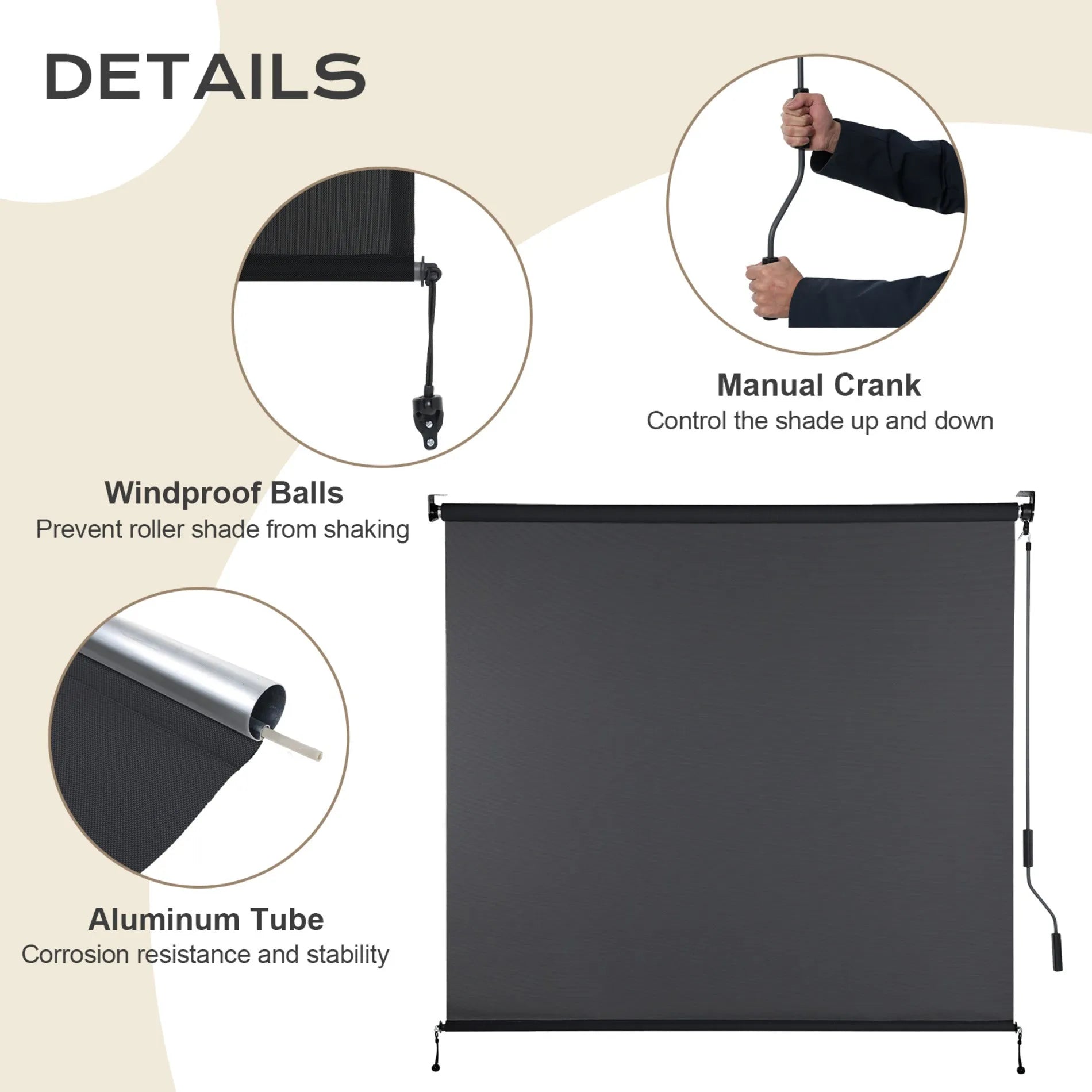 Aoodor 5% Openness Cordless Solar Fabric Roller Sun Shade for Outdoor Gazebo Pergola Porch, 95% UV Protection Gray More details