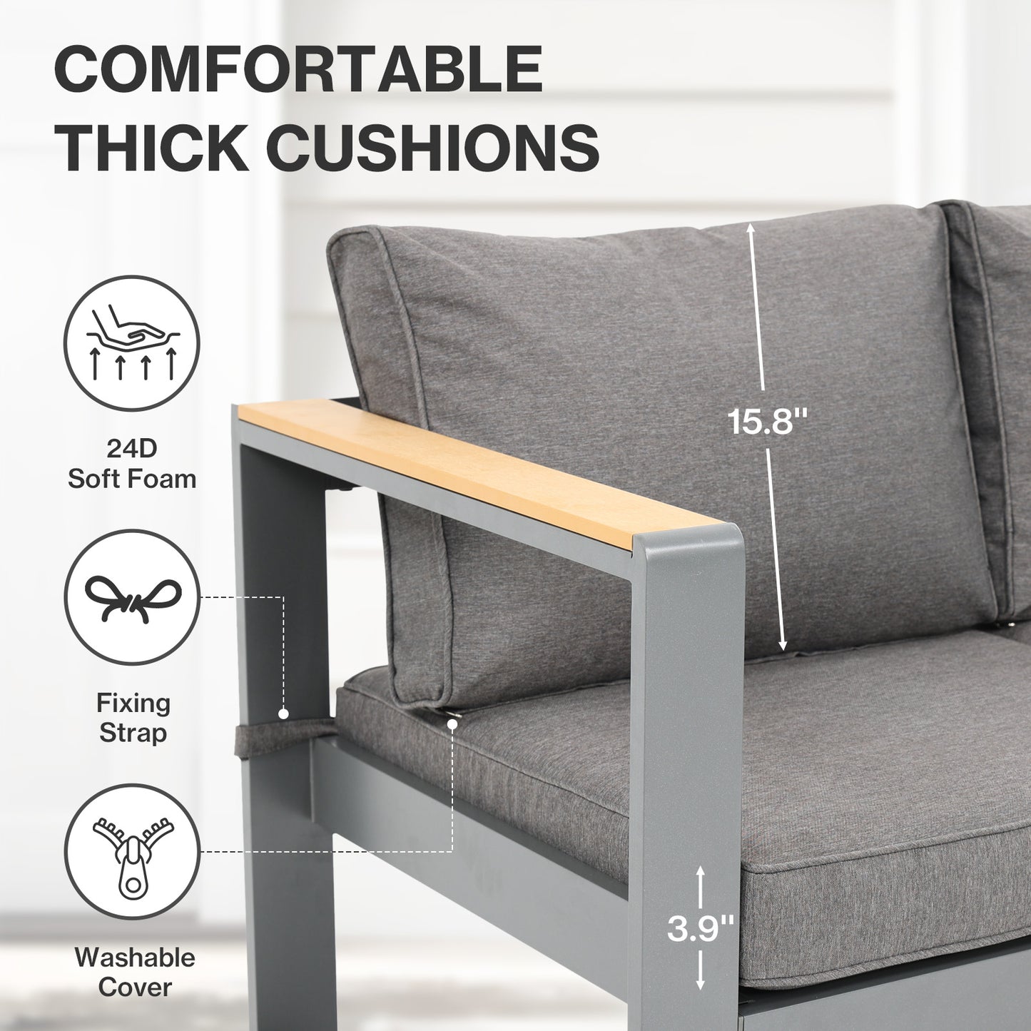 3 Seater Aluminum Sofa Couch Deep Seat - All-Weather Resistant Outdoor Conversation Set with Thick Cushions