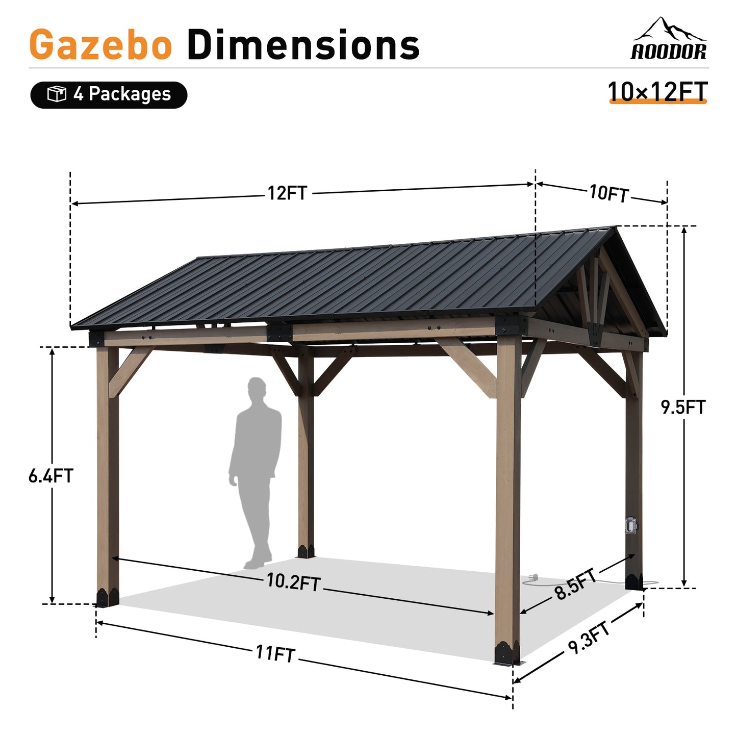 10'x12' Outdoor Patio Wooden Frame Gazebo with Galvanized Metal Hardtop Roof and Outlets