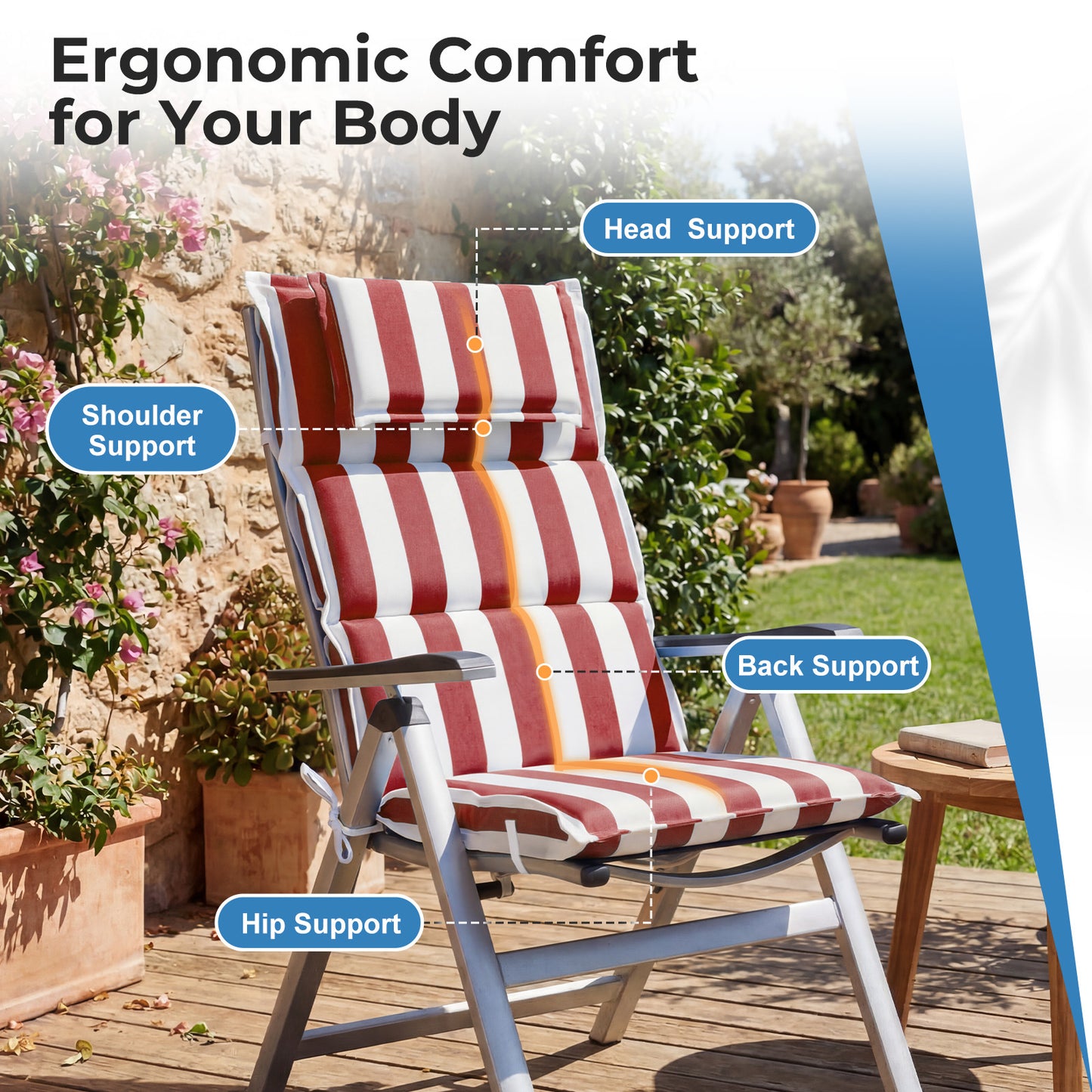 47x21x2.4 inch High Back Patio Chair Cushions with Headrest, Red Stripe
