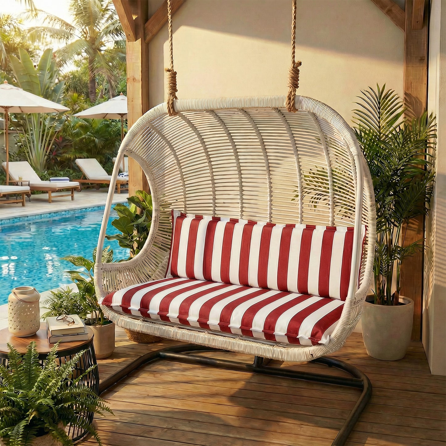 Outdoor 2-3 Seater Bench Cushion Set for Patio Swing and Bench, Red Stripe